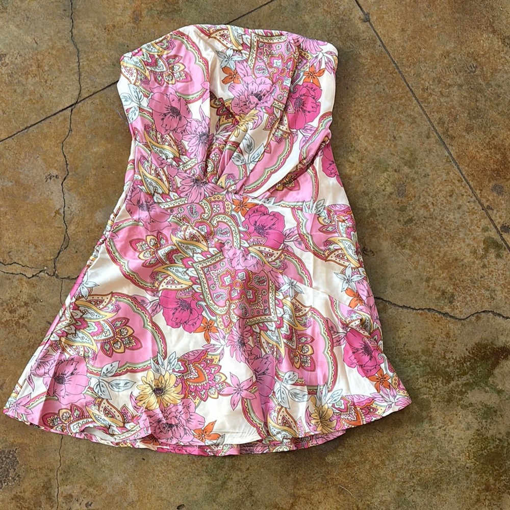 Floral Strapless Dress - Pink and Cream